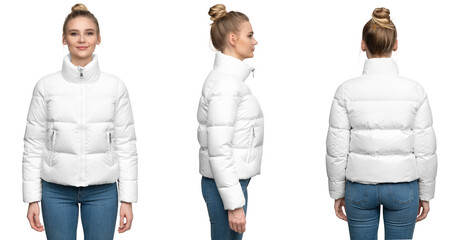 Young woman model posing in white down jacket isolated on white background