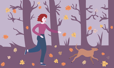 Autumn in the park, woman with dog. - 381879830