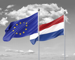 Two realistic flags. European Union vs Netherlands. Thick colored silky flags of European Union and Netherlands. 3D illustration on sky background. - Illustration
