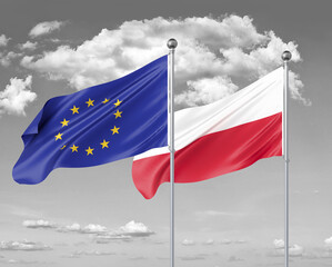 Two realistic flags. European Union vs Poland. Thick colored silky flags of European Union and Poland. 3D illustration on sky background. - Illustration