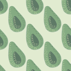 Simple pale seamless patern with avocados silhouettes. Green colored fruits on light grey background.