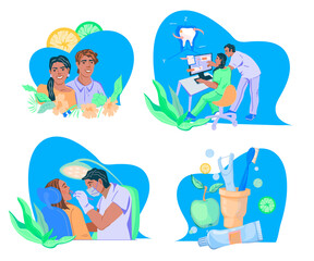 Banners set for dental clinic and dental care symbols, flat isolated vector illustration. Bundle of elements for dentistry including characters of dentists and satisfied clients, oral care supplies.