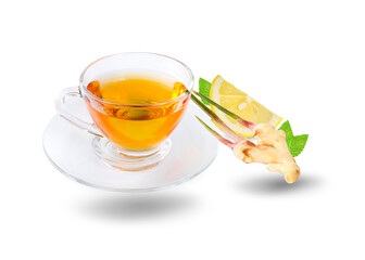 Black tea in glass Cup with saucer and healthy ginger root, mint and lemon an isolated on white background