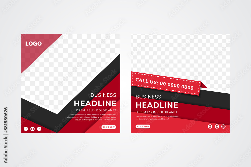 Poster set of black and red square layout vector web for social networks with diagonal color elements and s