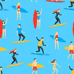 Cartoon Different Characters People Surfers Seamless Pattern Background. Vector