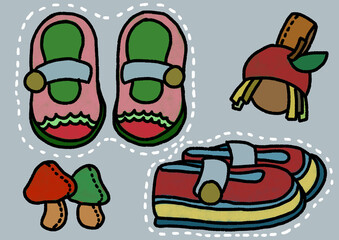 ハンドメイドの赤ちゃん用靴とマスコットの手描きイラスト(縫代・黒線あり)