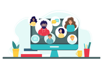 Online meeting via group call. Home office concept with computer, books and cup. Group of people doing video conference. Vector illustration in flat style. Stay at home. Self-isolation