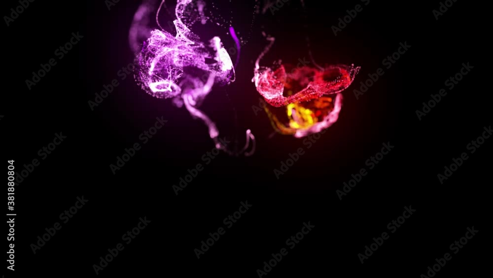 Poster injection of fluorescent red violet ink in water in 4k. 3d render of glow particles in ink flow. lum