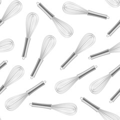 Realistic 3d Detailed Metal Wire Stainless Balloon Whisk Seamless Pattern Background. Vector