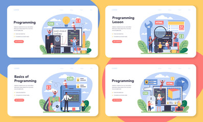 IT education web banner or landing page set. Student write