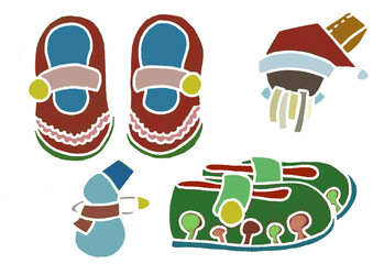 ハンドメイドの赤ちゃん用靴とサンタと雪だルマのマスコットの手描きイラスト(白バック)