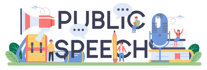 Fototapeta na wymiar Public speech typographic header. Voice training and speech