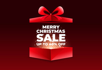 Merry Christmas sale with opened gift box. Surprise. Vector illustration