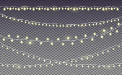 Lights bulbs set isolated. Garland. Christmas glowing golden yellow lights. New year decorations. Vector realistic illustration