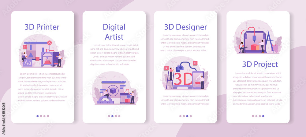 Poster designer 3d modeling mobile application banner set. digital drawing