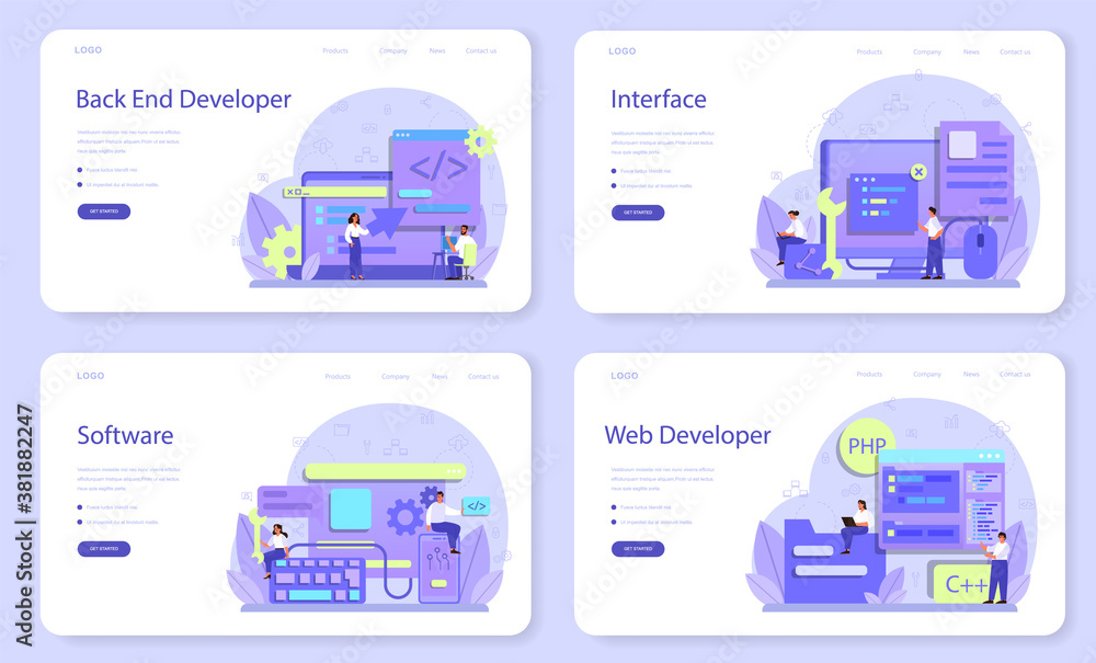 Poster back end development web banner or landing page set. software development