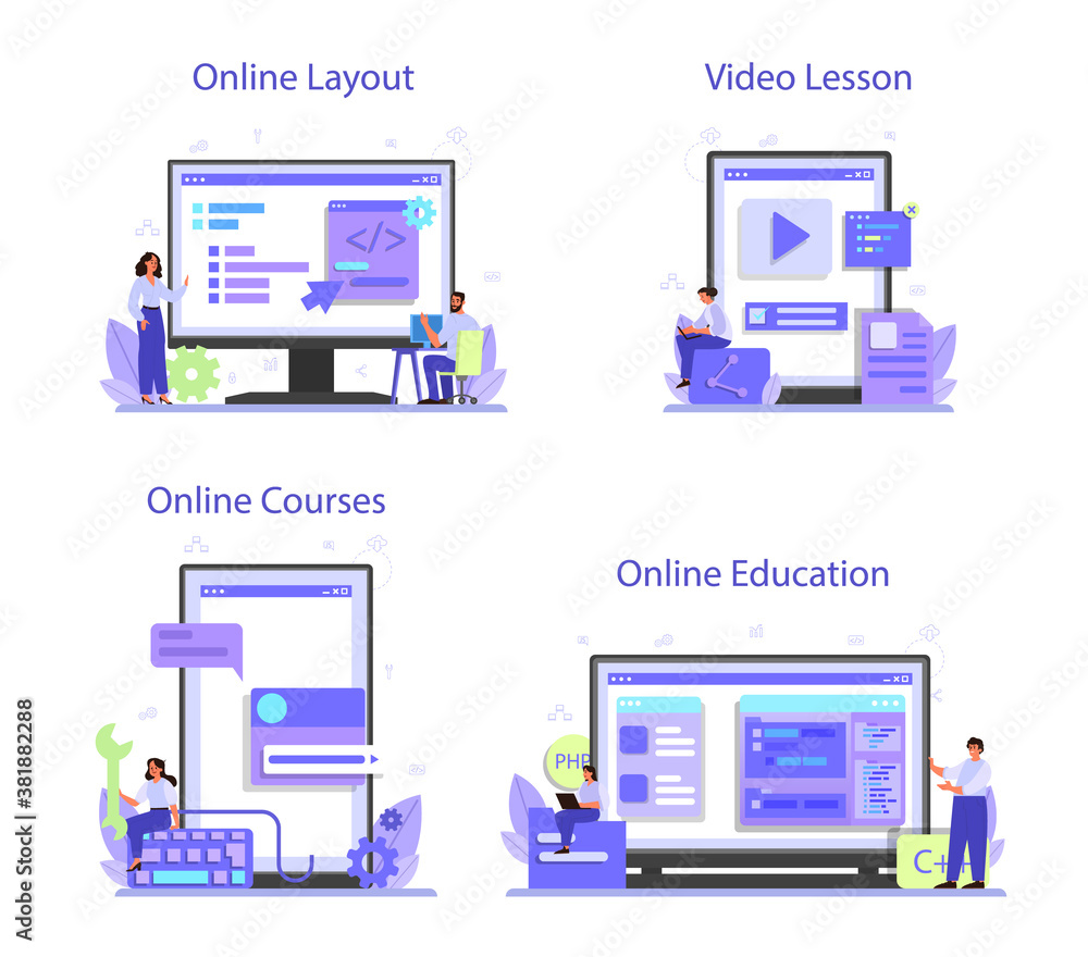 Poster back end development online service or platform set. software