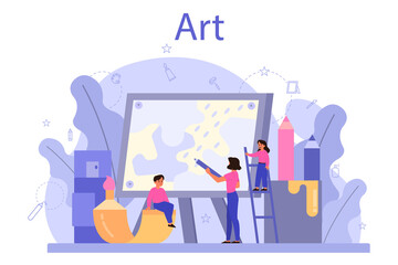 Art school education. Student holding a brush and paints. Artist