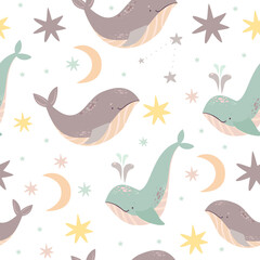 Fototapeta premium cute pattern in pastel colors, blue whale in the stars, background for kids, depth of the sea, space motives