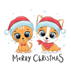 Cute kitten and puppy. Merry Christmas design.