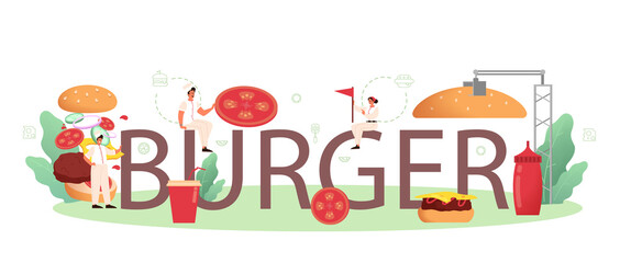 Burger typographic header. Chef cook tasty hamburger with cheese,