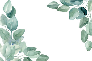 Greeting card, invitation, postcard with eucalyptus on isolated white background, watercolor illustration  © Hanna