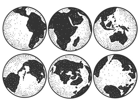 Planet Earth from different angles. Globe sketch scratch board imitation.