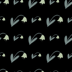 Dark seamless pattern with campanula doodle silhouetttes. Bluebell ornament in blue colors on black background.