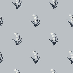 Minimalistic seamless pattern with pale forest white berries elements. Grey background. Decor cartoon vintage artwork.