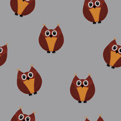 seamless pattern with colorful owls on a gray background