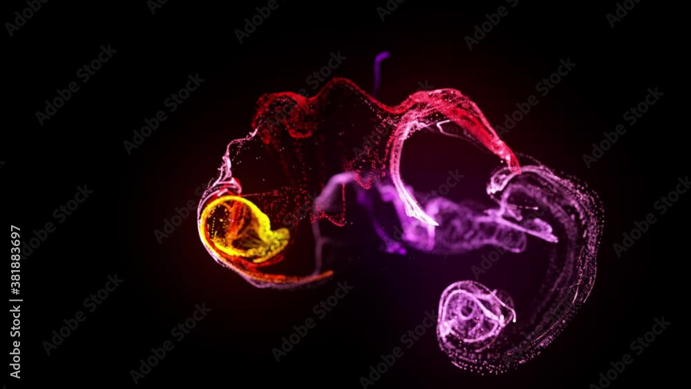 Poster injection of fluorescent red violet ink in water in 4k. 3d render of glow particles in ink flow. lum