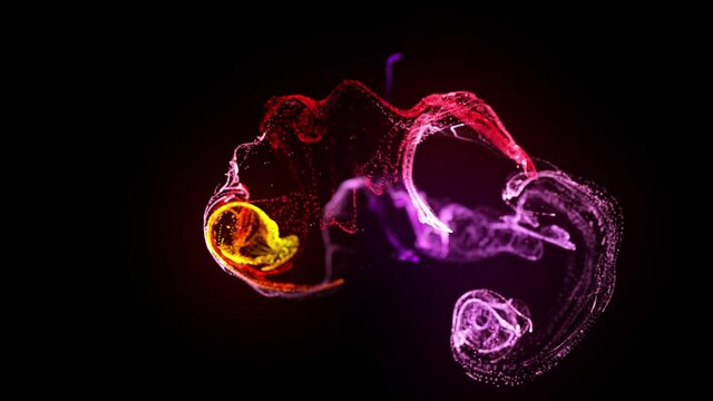 injection of fluorescent red violet ink in water in 4k. 3d render of glow particles in ink flow. Luma matte as alpha channel. Background of shiny ink effect advection. 38