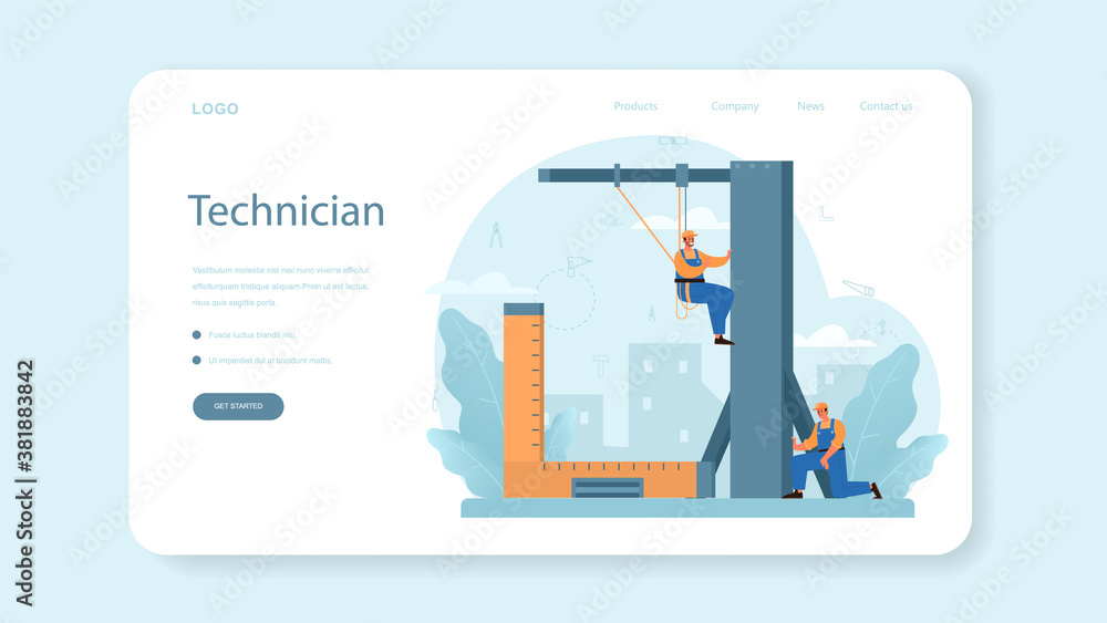 Aufkleber installer web banner or landing page. worker in uniform installing constructions