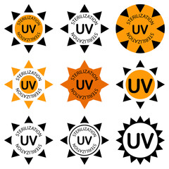 UV sterilization stamp. UV disinfection badge. Antimicrobial icons set. Ultraviolet germicidal irradiation. Surface cleaning, medical decontamination procedure. Vector
