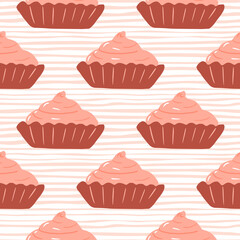 Basket cake with pink strawberry cream seamless pattern. Stylized hand drawn ornament on grey light striped ornament.
