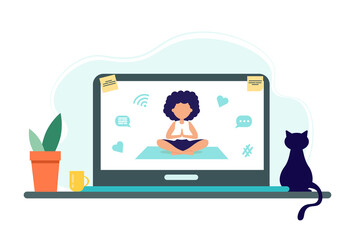 Online yoga concept with computer, plants and cat. Screen with girl in yoga lotus practices meditation. Vector illustration in flat style. Stay at home. Self-isolation.