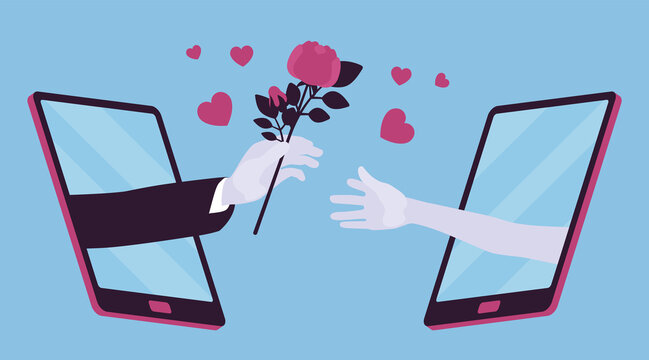 Love, Long Distance Romantic Relationship Via Tablet Screen. Male Hand Giving Flowers To A Girlfriend Or Female Friend, Order Bouquets Online, Delivery Service. Vector Creative Stylized Illustration
