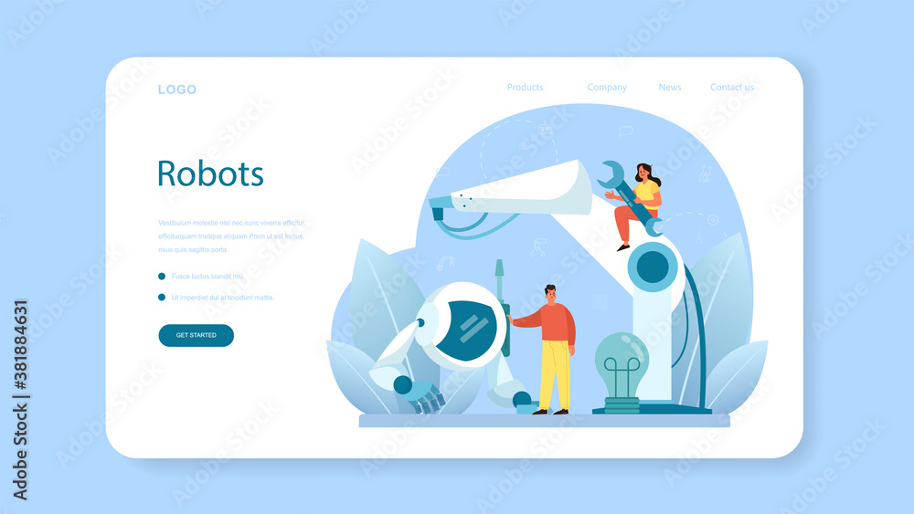 Poster roboticist web banner or landing page. robotic engineering
