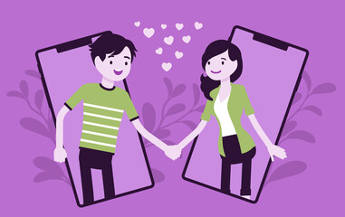 Love and long distance romantic relationship through tablet screen. Young happy people communicate by phone calls, smartphone chatting, using online dating apps. Vector creative stylized illustration