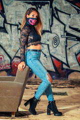 Plakat Dangerous girl with pink mouth mask