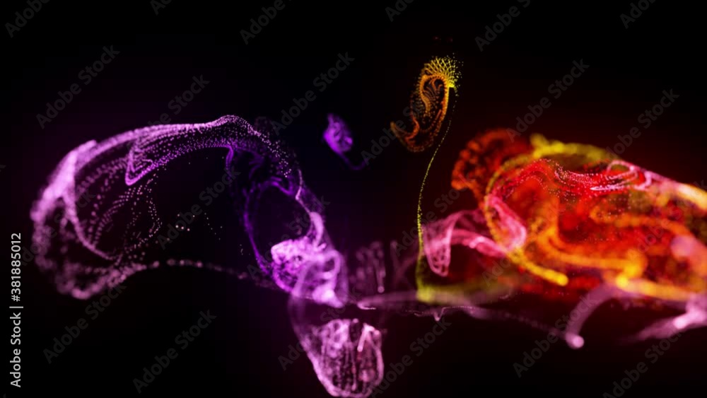 Poster injection of fluorescent red violet ink in water in 4k. 3d render of glow particles in ink flow. lum