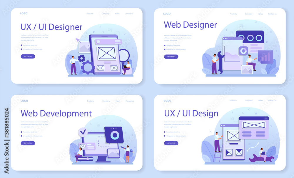 Poster ux ui designer web banner or landing page set. app interface