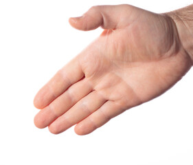 close-up of a male hand with an open palm ready to greet with a handshake on a white background,