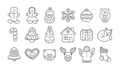 Set of gingerbread cookies for Christmas in doodle style. Gingerbread house, man, snowflake, angel, reindeer, christmas tree. Isolated hand drawn vector objects on white background