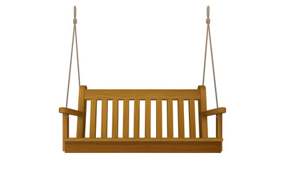 wooden classic outdoor hanging patio porch swing bench furniture with ropes isolated on white background. 3d realistic vector illustration