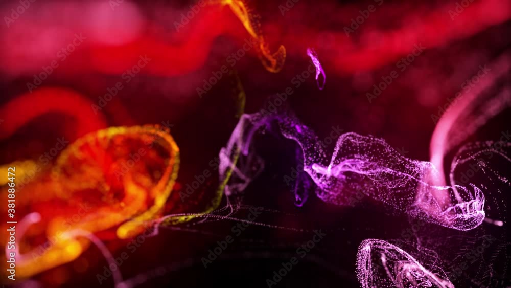 Poster injection of fluorescent red violet ink in water in 4k. 3d render of glow particles in ink flow. lum