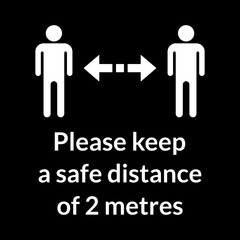 Please Keep a Safe Distance of 2 Metres Square Warning Floor Marking Sticker Icon. Vector Image.