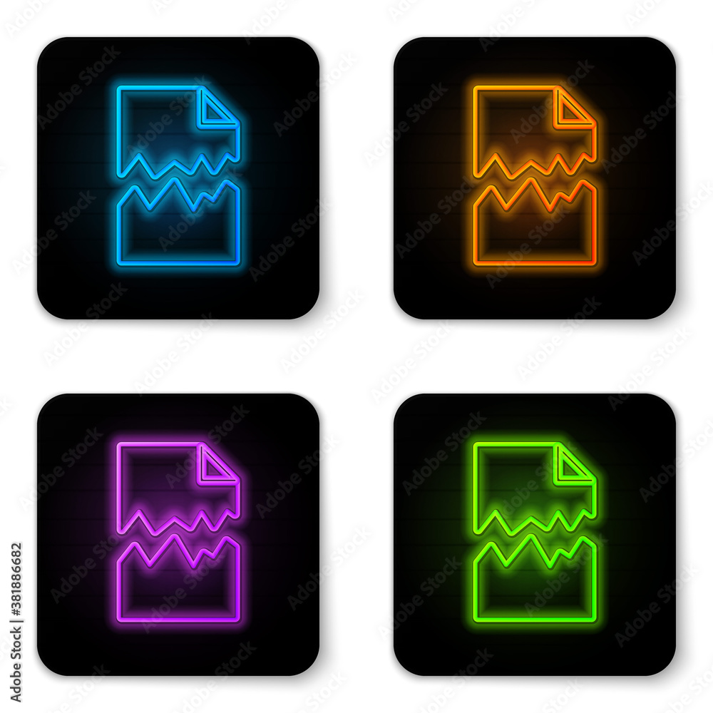 Poster glowing neon torn document icon isolated on white background. black square button. vector.
