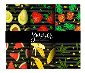 Set of seamless summer fruit pattern on dark background. Cannabis, watermelon, avocado, banana, strawberry, pineapple pattern with colored dots. Trendy fruit pattern on dark stripped background 