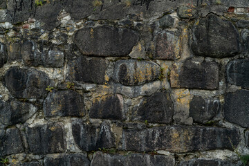 The texture of an old uneven wall made of black bricks. The wall is covered with mold and moss